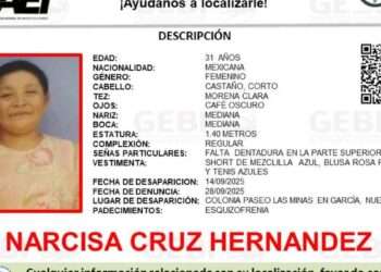 Piden apoyo para localizar a Narcisa Cruz Hernández, quien desapareció en García, Nuevo León