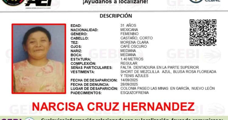 Piden apoyo para localizar a Narcisa Cruz Hernández, quien desapareció en García, Nuevo León