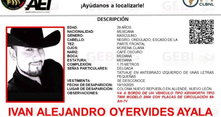 Solicitan ayuda para localizar a Iván Alejandro Oyervides Ayala, quien desapareció en Allende, Nuevo León