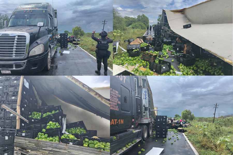 Tráiler con chile vuelca en Padilla (1)