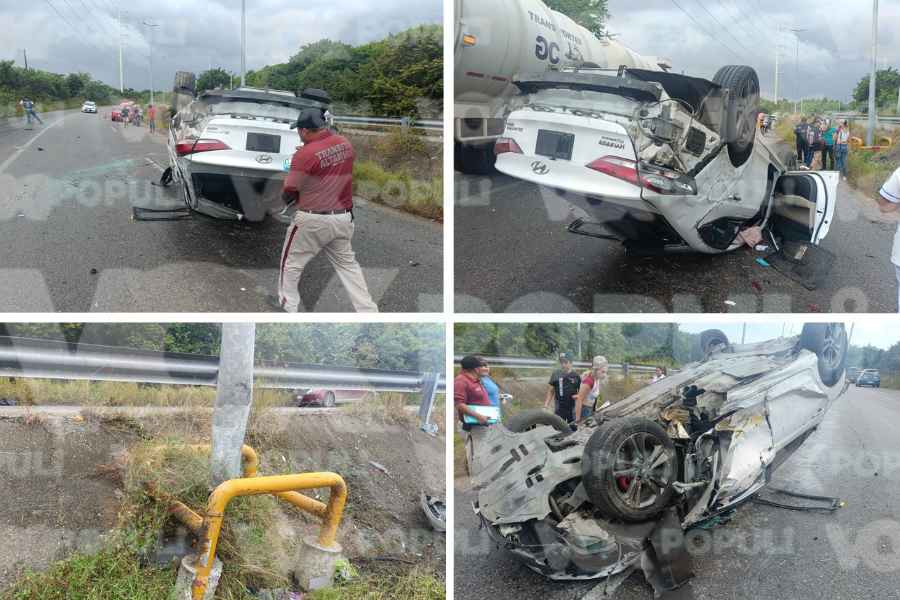 Automovilista se impacta contra base de poste y termina volcado en Altamira, Tamaulipas