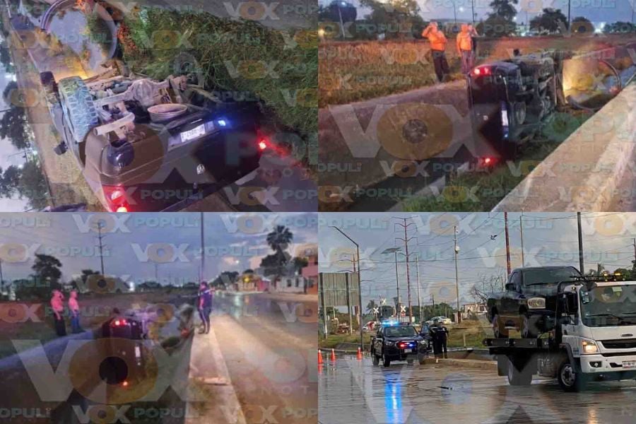 Camioneta derrapa en encharcamiento y termina volcada en un canal de Tampico, Tamaulipas