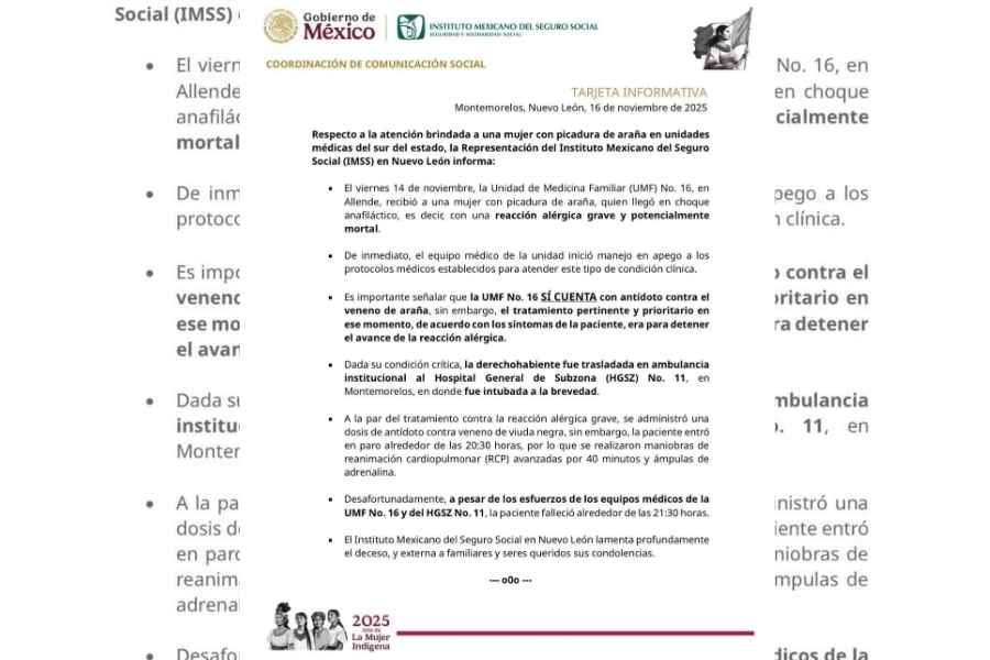 IMSS Nuevo León rechaza muerte de mujer picada por araña por falta de antídoto