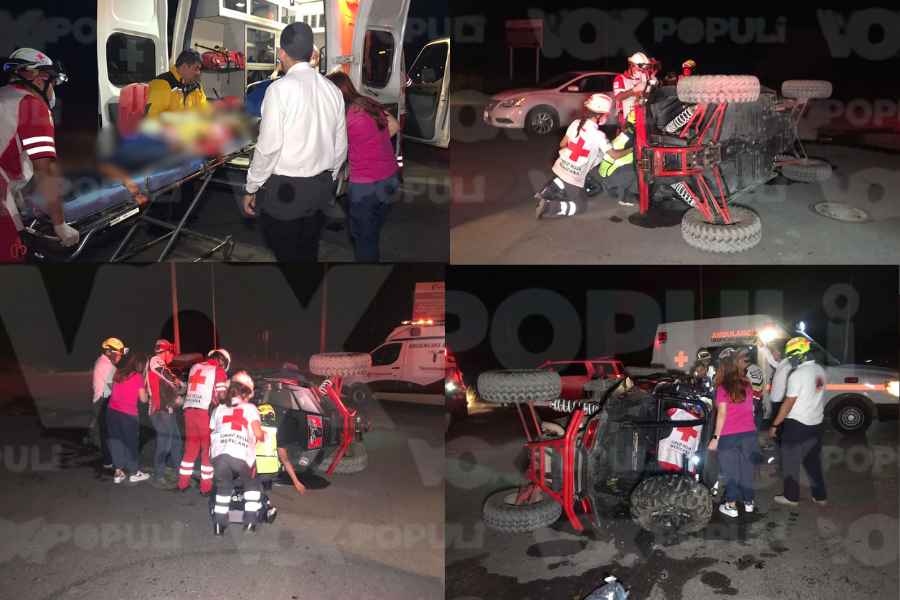 Pareja en presunto estado indebido vuelca “Razer” en Ciudad Victoria, Tamaulipas; dama acaba con el brazo aplastado 