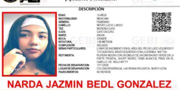 Reportan desaparición de Narda Jazmín Bedl González en García, Nuevo León