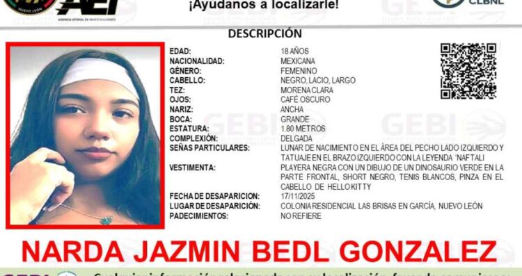 Reportan desaparición de Narda Jazmín Bedl González en García, Nuevo León