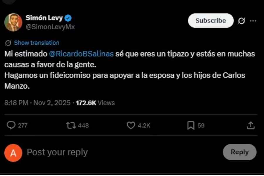 Simón Levy propone a Salinas Pliego crear fideicomiso para familia de Carlos Manzo