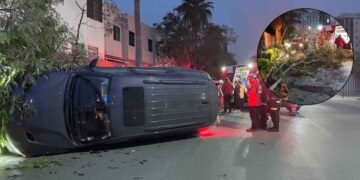 Conductora choca su camioneta contra árbol y vuelca en avenida Céntrika Principal de Monterrey, NL