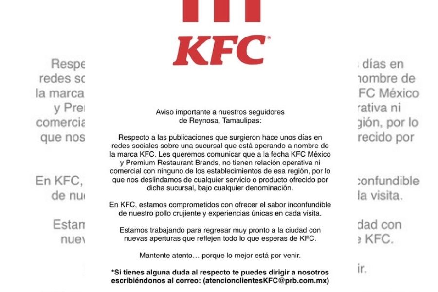 KFC aclara que establecimiento en Reynosa no pertenece a la marca 
