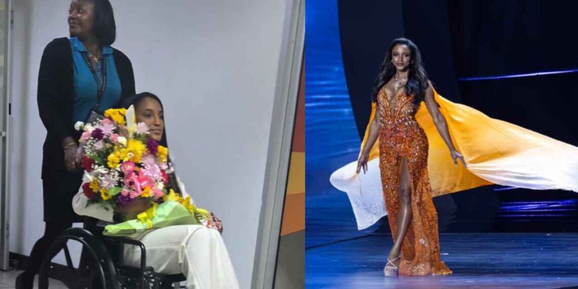 Miss Jamaica reaparece en silla de ruedas tras caída en Miss Universo