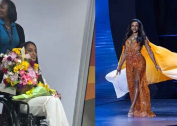 Miss Jamaica reaparece en silla de ruedas tras caída en Miss Universo