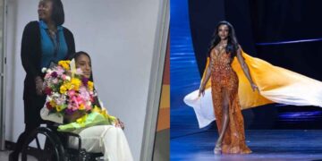 Miss Jamaica reaparece en silla de ruedas tras caída en Miss Universo