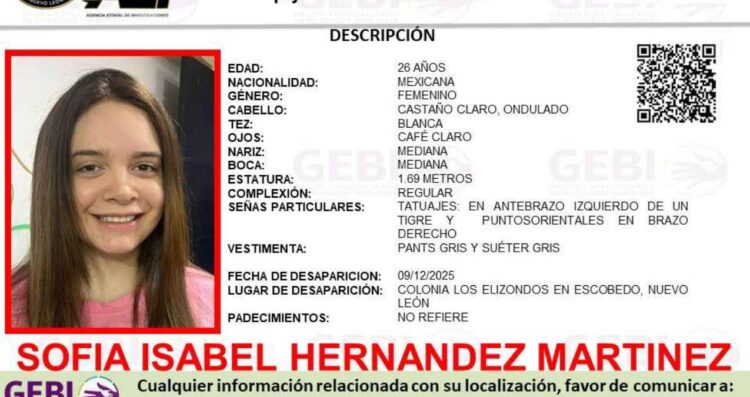 Piden apoyo para localizar a Sofía Isabel Hernández Martínez desaparecida en Escobedo, NL