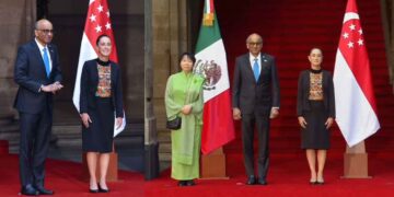 Presidente de Singapur, Tharman Shanmugaratnam es recibido por Claudia Sheinbaum en el Palacio Nacional