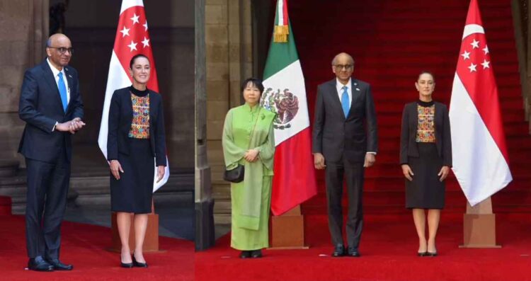 Presidente de Singapur, Tharman Shanmugaratnam es recibido por Claudia Sheinbaum en el Palacio Nacional