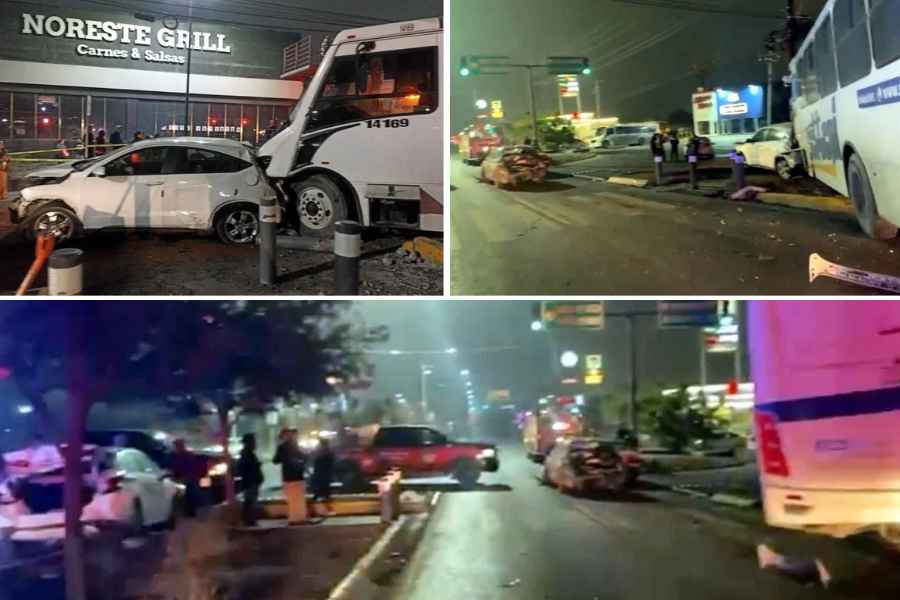 Transporte de personal se queda sin frenos y causa choque múltiple en García, NL