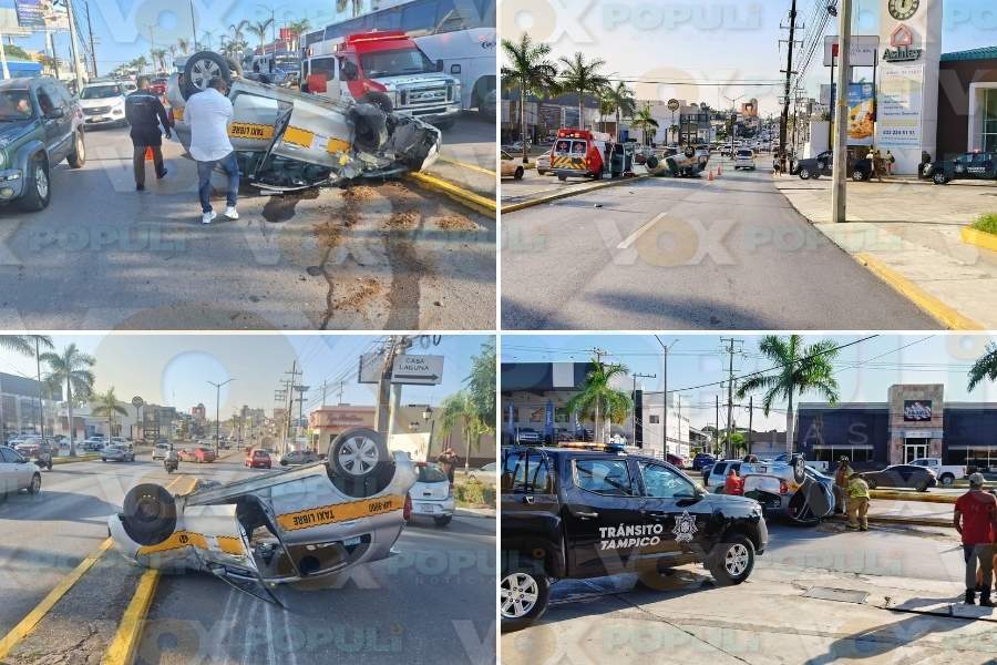 taxi volcado hoy en avenida en Tampico