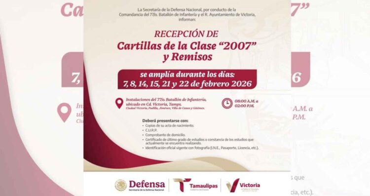 Amplían plazo para recibir cartillas del Servicio Militar en Ciudad Victoria, Tamaulipas