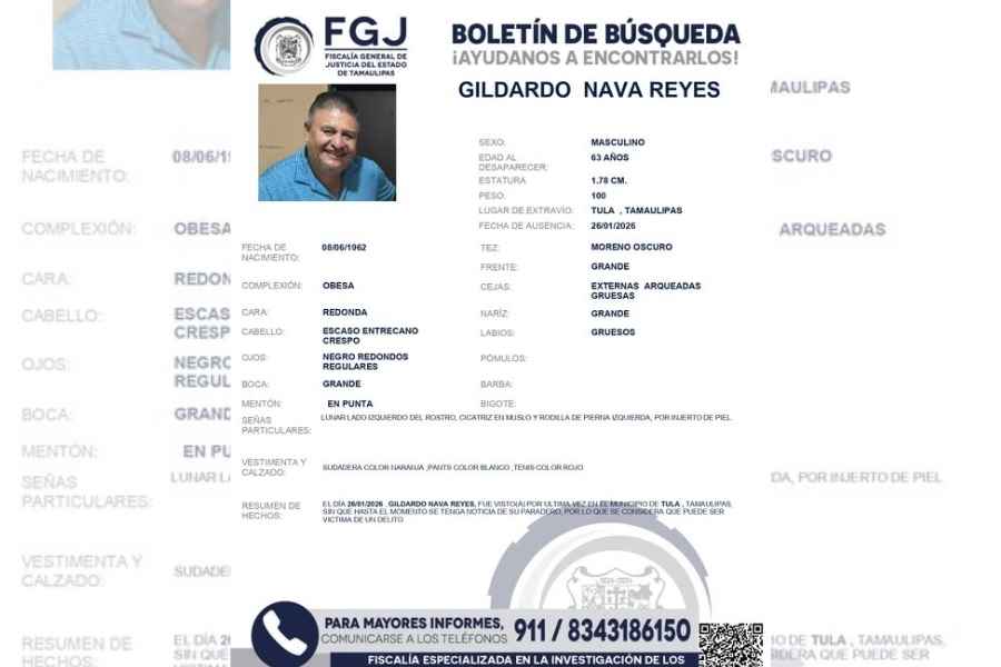 Comisión Estatal de Búsqueda emite ficha por la desaparición de Gildardo Nava Reyes en Tula, Tamaulipas