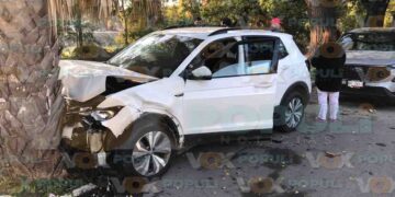 Conductor provoca choque y proyecta camioneta contra palmera en Ciudad Victoria, Tamaulipas
