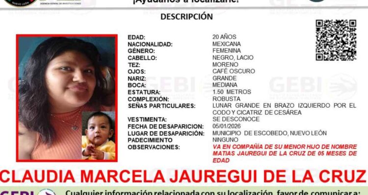 Desaparece joven mujer junto a su hijo en Escobedo, Nuevo León