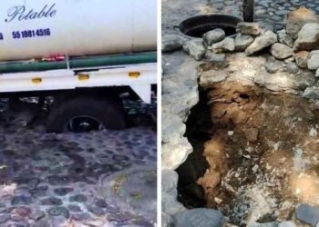 Pipa de agua cae en socavón en la Alcaldía Álvaro Obregón, Ciudad de México