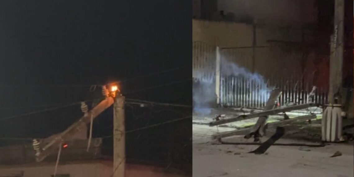 Poste se incendia tras romperse en la Avenida Roberto Guerra en Matamoros, Tamaulipas