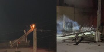 Poste se incendia tras romperse en la Avenida Roberto Guerra en Matamoros, Tamaulipas