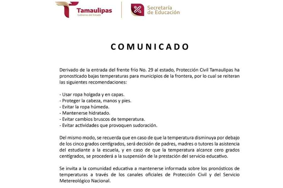 ¿Qué pasa si no llevo a mi hijo a la escuela por frío en Tamaulipas?