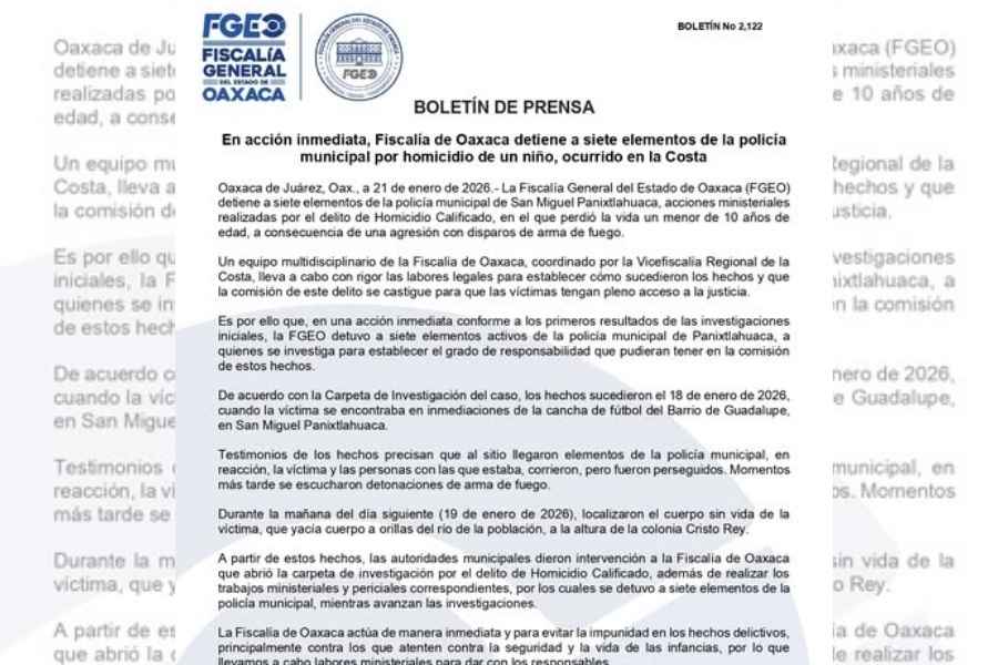 Siete policías detenidos tras asesinato de un menor en San Miguel Panixtlahuaca, Oaxaca