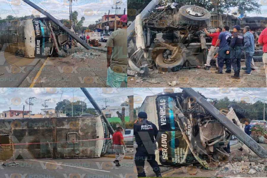 Autobús de la ruta Serapio Venegas-Tampico vuelca tras quedarse sin frenos en Tamaulipas