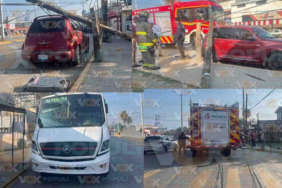 Autobús derriba poste y provoca daños a vehículo estacionado en Altamira, Tamaulipas