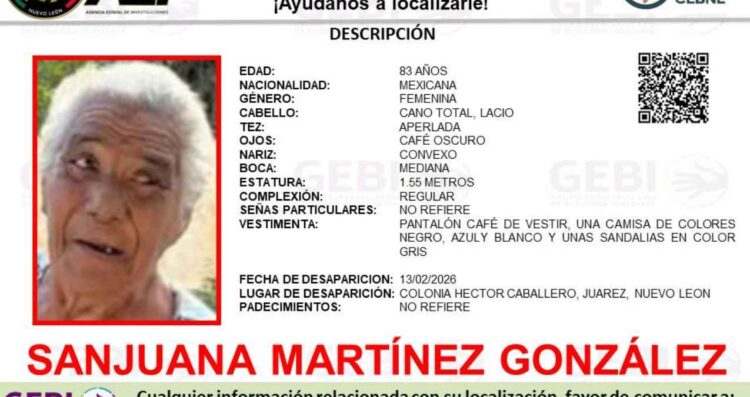 Autoridades buscan a adulta mayor reportada como desaparecida en Juárez, Nuevo León