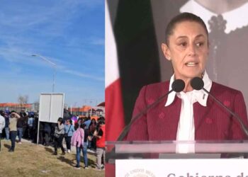 Ciudadanos esperan la llegada de Claudia Sheinbaum en Juárez, Nuevo León para la entrega de Viviendas del Bienestar