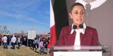 Ciudadanos esperan la llegada de Claudia Sheinbaum en Juárez, Nuevo León para la entrega de Viviendas del Bienestar