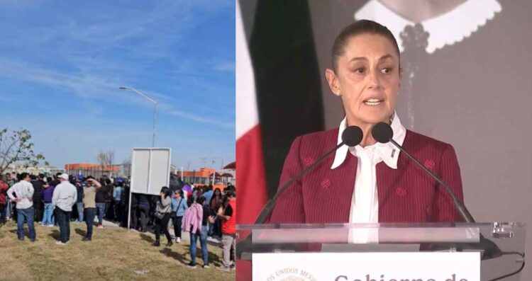 Ciudadanos esperan la llegada de Claudia Sheinbaum en Juárez, Nuevo León para la entrega de Viviendas del Bienestar
