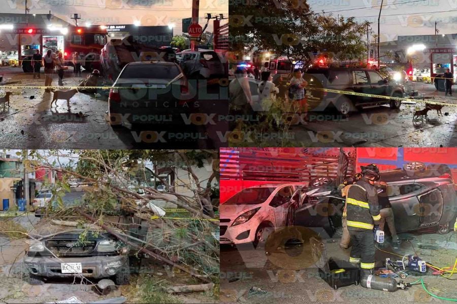 Conductora choca contra varios autos estacionados y termina volcada en Altamira, Tamaulipas