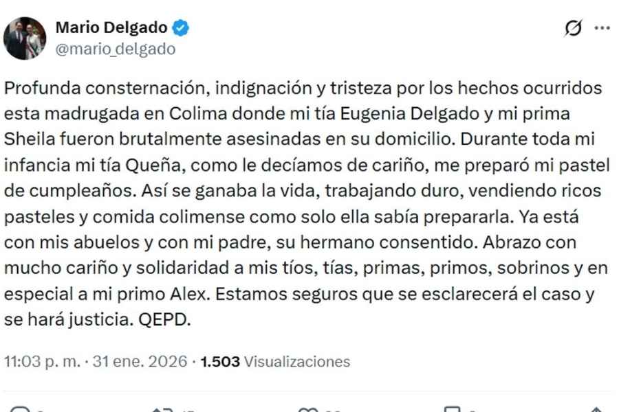 Mario Delgado se pronuncia tras el asesinato de familiares en Colima