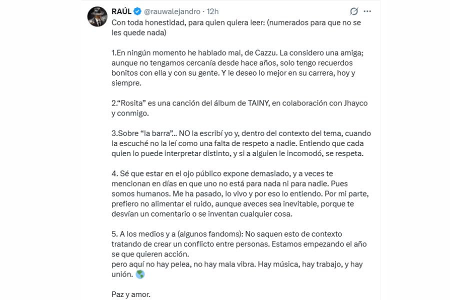 Rauw Alejandro aclara su postura y lanza mensaje para Cazzu tras polémicas