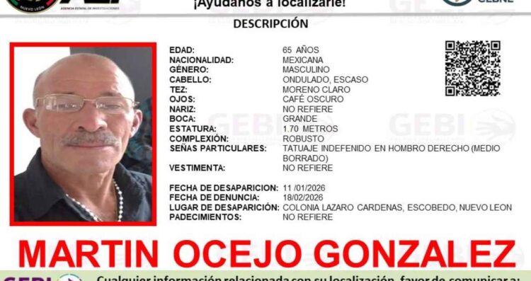Reportan desaparición de adulto mayor en Escobedo, Nuevo León