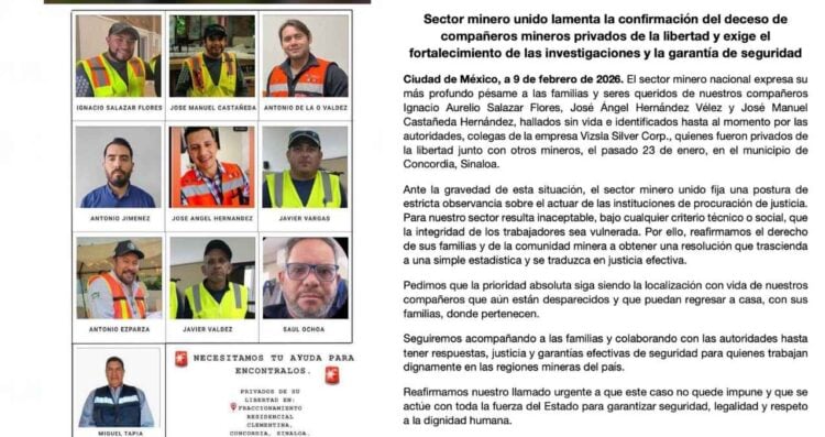 Sector minero lamenta hallazgo de tres trabajadores presuntamente secuestrados en Concordia, Sinaloa