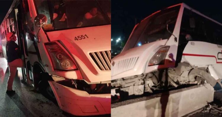 Transporte de personal choca contra muro en la carretera Apodaca-Juárez y deja 7 heridos