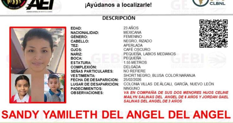 Activan búsqueda por joven desaparecida junto a sus dos hijos en García, Nuevo León