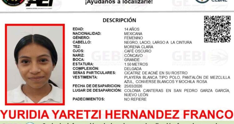 Adolescente desaparece cuando se dirigía a la secundaria en San Pedro, Nuevo León