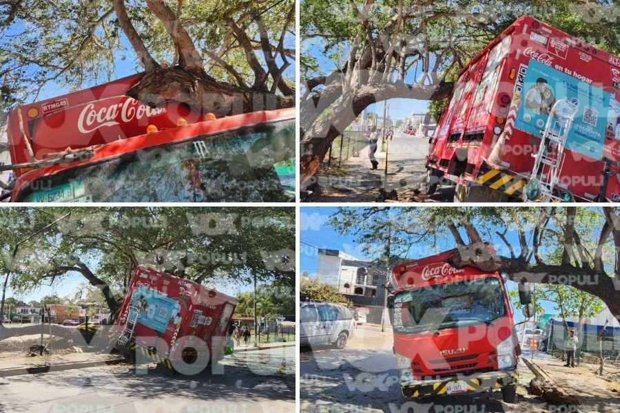 Camión de Coca-Cola se impacta contra árbol en el centro de Ciudad Madero, Tamaulipas
