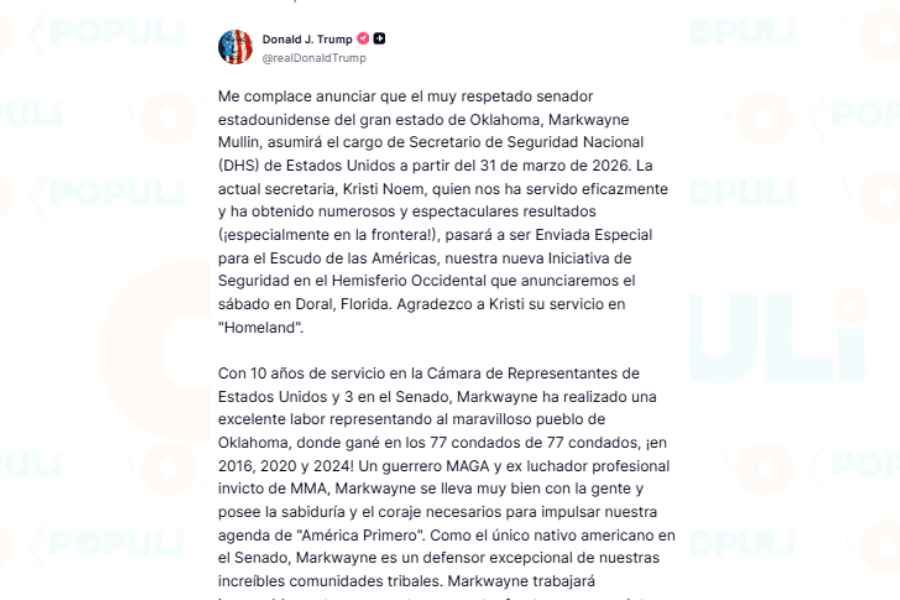 Donald Trump anuncia salida de Kristi Noem del Departamento de Seguridad Nacional