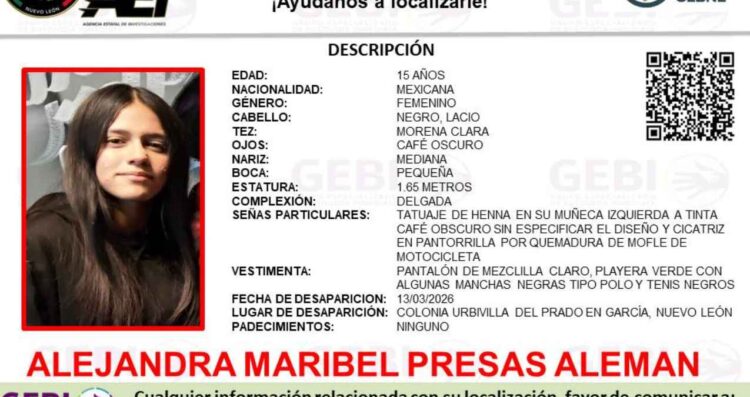 Fiscalía emite ficha de búsqueda por desaparición de adolescente en García, Nuevo León