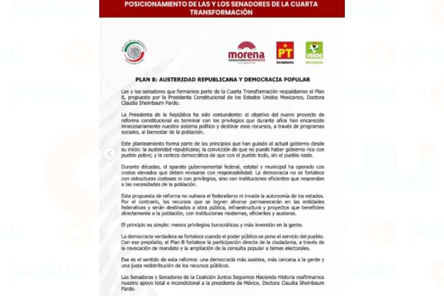 Senadores del PT y PVEM respaldarán el Plan B de la reforma electoral de Sheinbaum