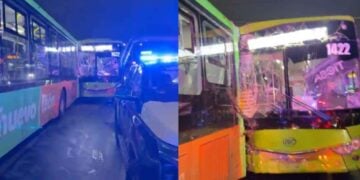 Accidente entre camiones urbanos deja 5 pasajeros heridos en Santa Catarina, NL