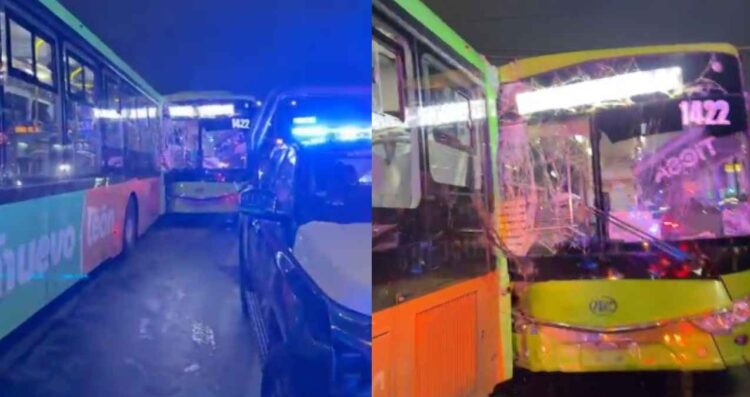 Accidente entre camiones urbanos deja 5 pasajeros heridos en Santa Catarina, NL